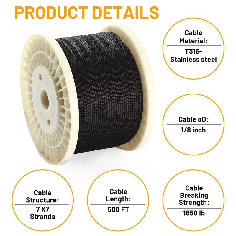 AHEONLAR 500FT 1/8"" Black Stainless Steel Cable with a Cutter  T316 Wire Rope Cable for Deck Cable Railing Kit  1850 lb Breaking Strength  7x7 Strands Aircraft Cable for Stair Fence Deck Railing - Image 3